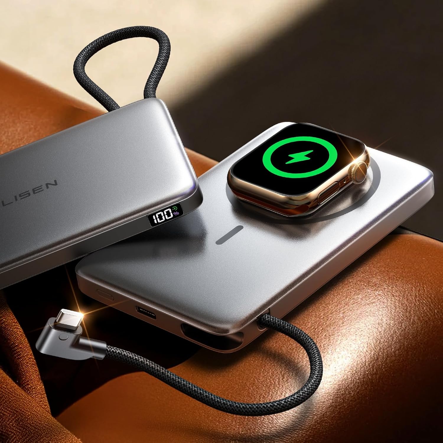 LISEN 0.5'' Ultra Slim MagSafe Power Bank for iPhone and Apple Watch,10000mAh