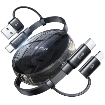 LISEN 5-in-1 Fast Charging Retractable Cable for iPhone, iPad, Samsung - 60W