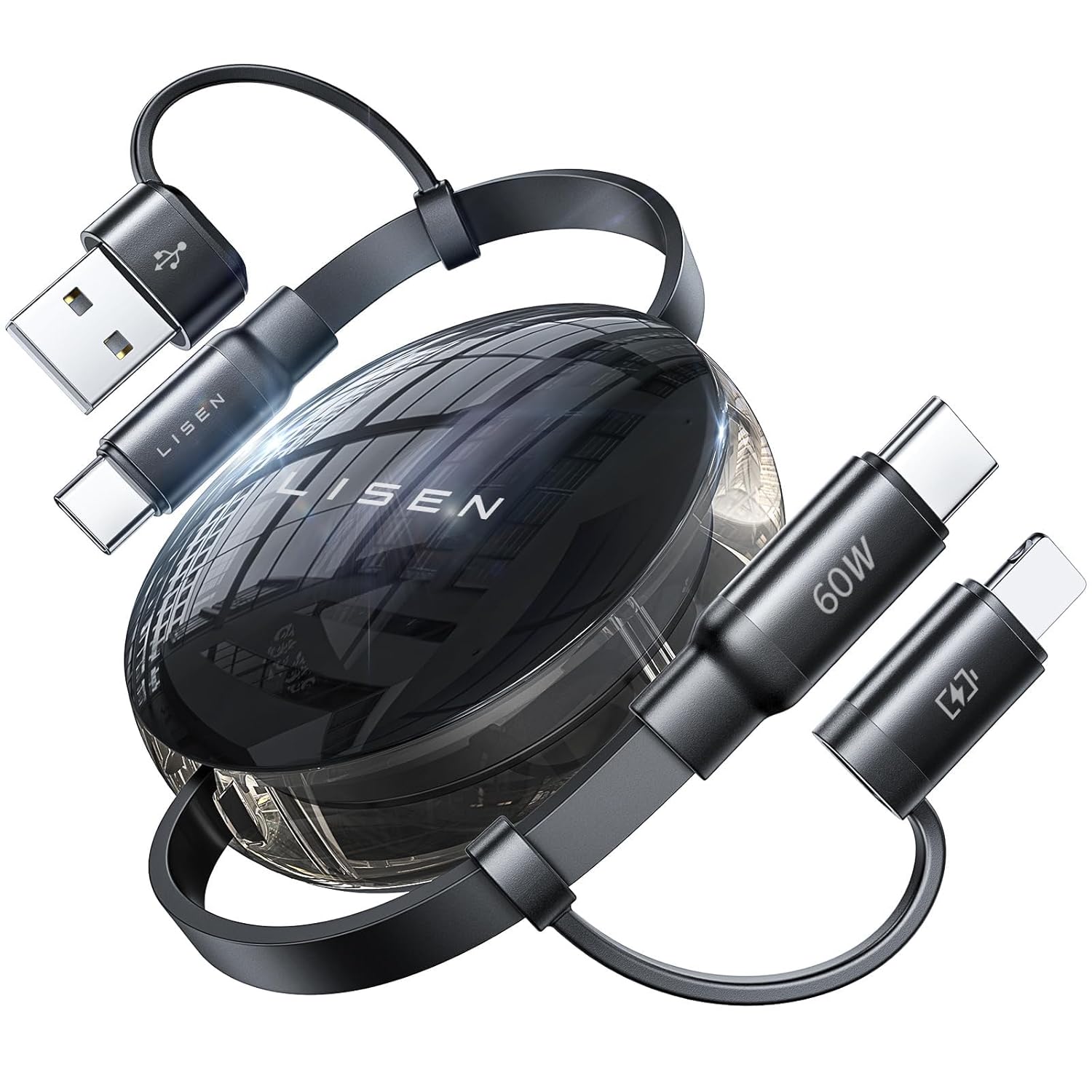 LISEN 5-in-1 Fast Charging Retractable Cable for iPhone, iPad, Samsung - 60W