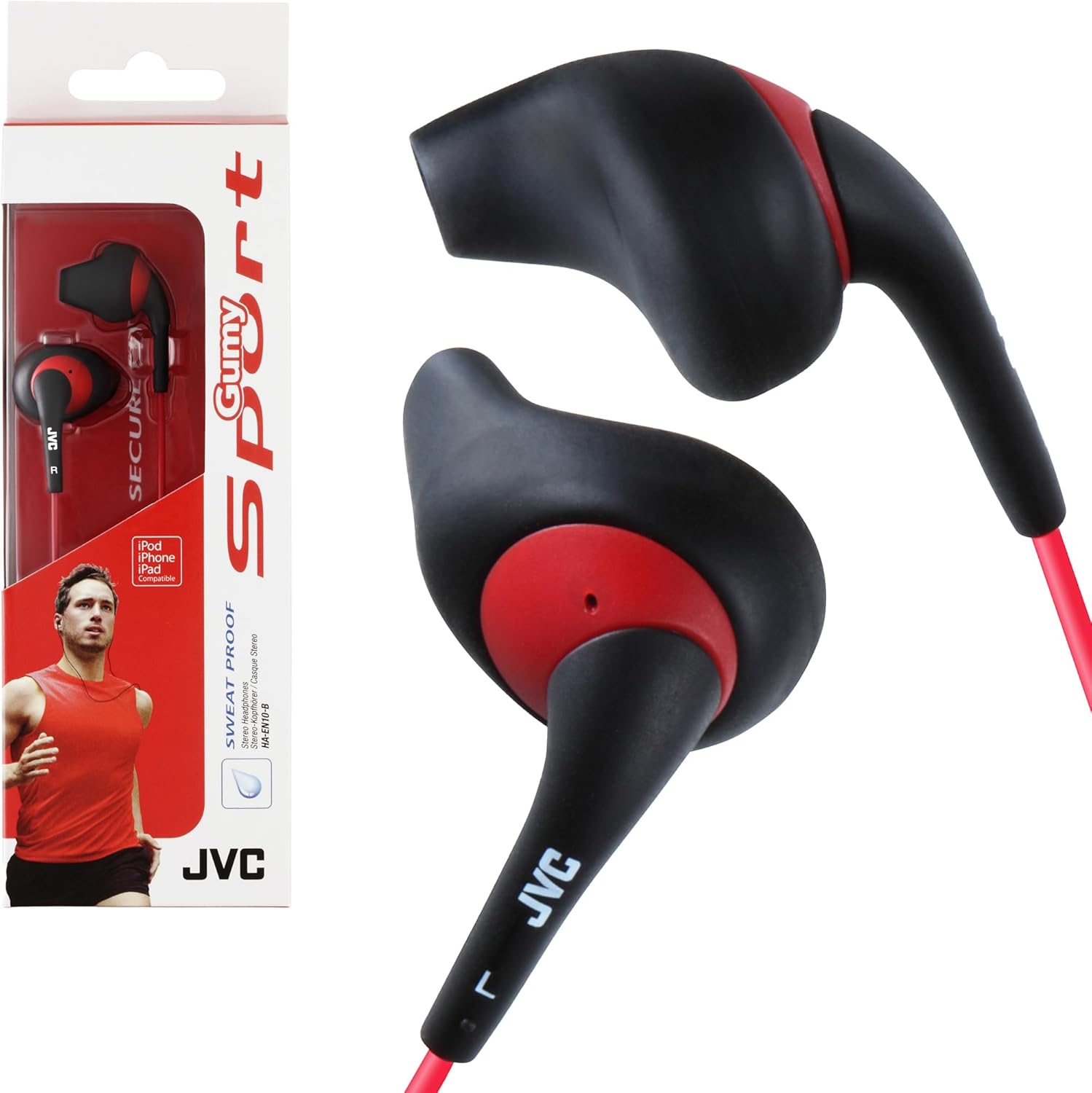 JVC Black and Red Nozzel Secure Comfort Fit Sweat Proof Gumy Sport Earbuds
