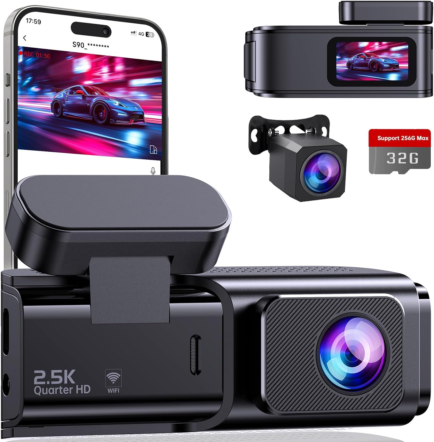Dash Cam Front and Rear, 2.5K+1080P Dual Dash Camera for Cars, Ecomoment Car Cam