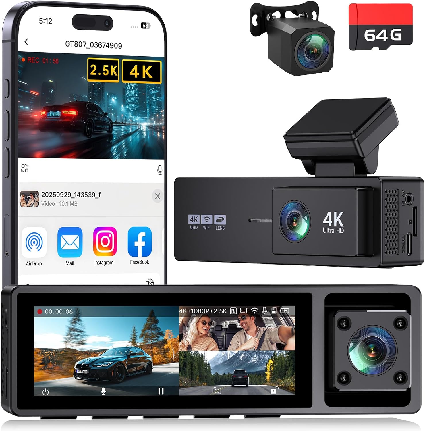3 Channel Dash Cam Front and Rear, 4K+2.5K+1080P Front and Rear Inside, 3.2"