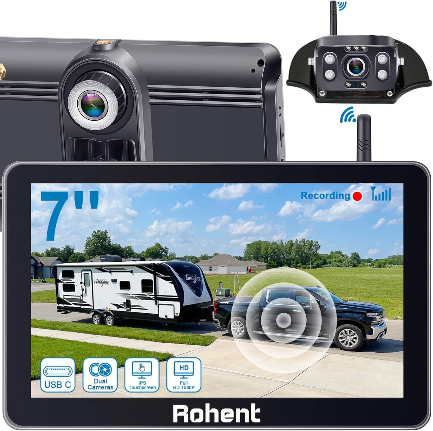 Rear&Front Wireless RV Backup Camera: 7'' Touchscreen Monitor Recording Audio